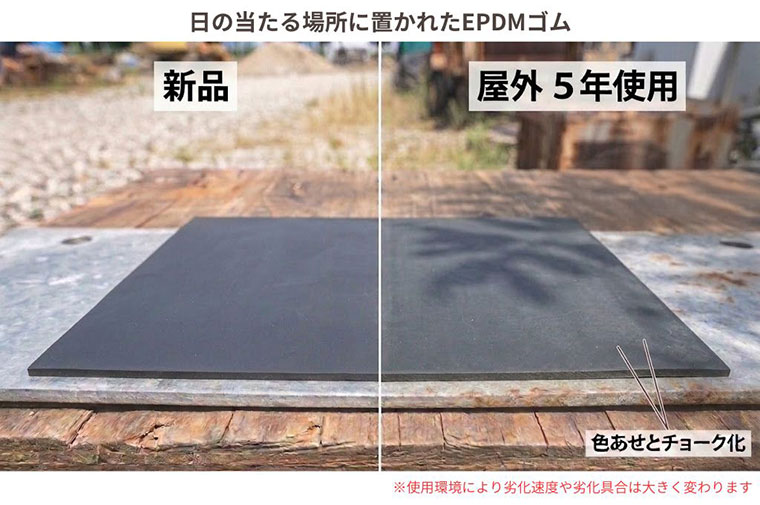 直射日光が当たり続ける場所に置かれた天然(NR)ゴムの経年劣化